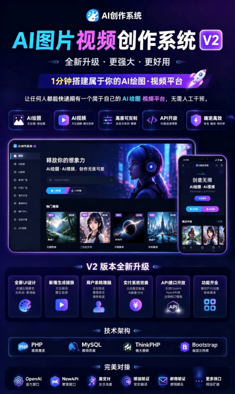 AI图片视频创作系统 v2-基于网站源码,游戏源码,小程序源码,Ai源码,网站开发,主题源码,软件开发,游戏辅助,游戏科技,手机软件,苹果系统,安卓软件等沃尔特网络科技工作室